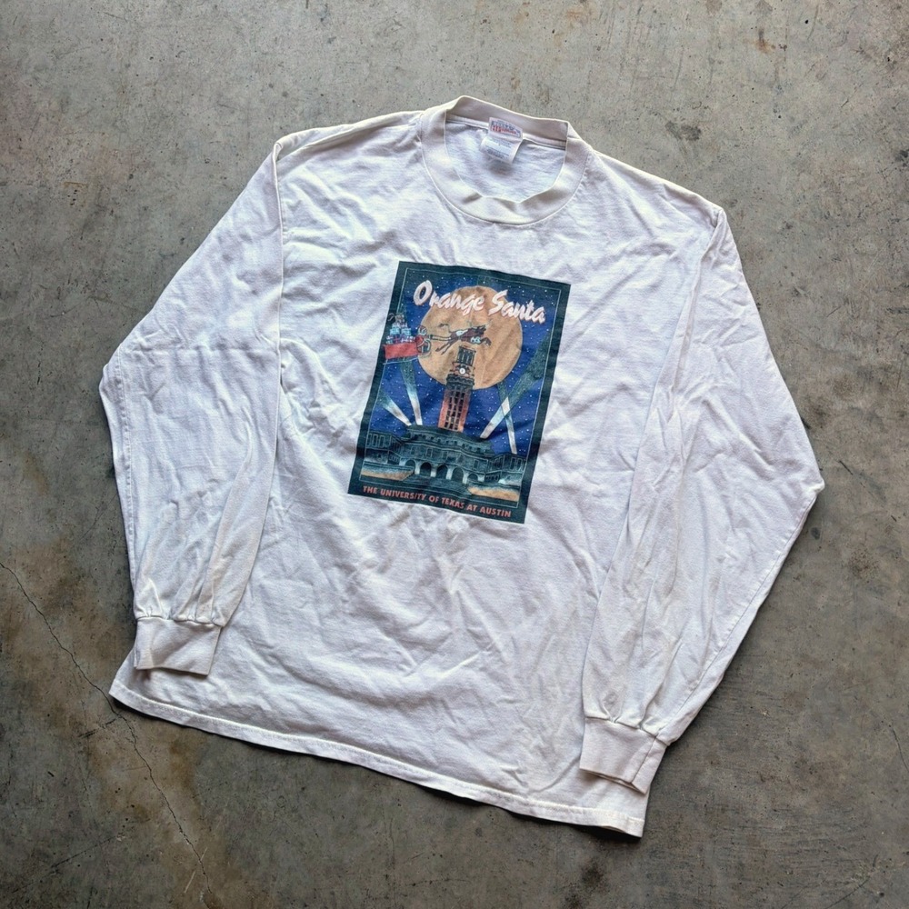 Vintage Hanes Beefy-T UT Austin Orange Santa Long Sleeve Shirt White Large